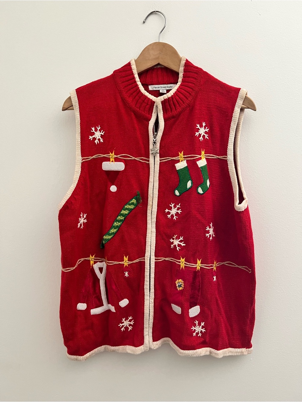 Vintage Christmas Holiday Red Knit Vest Christmas Sweater Grandma Zip Up Vest